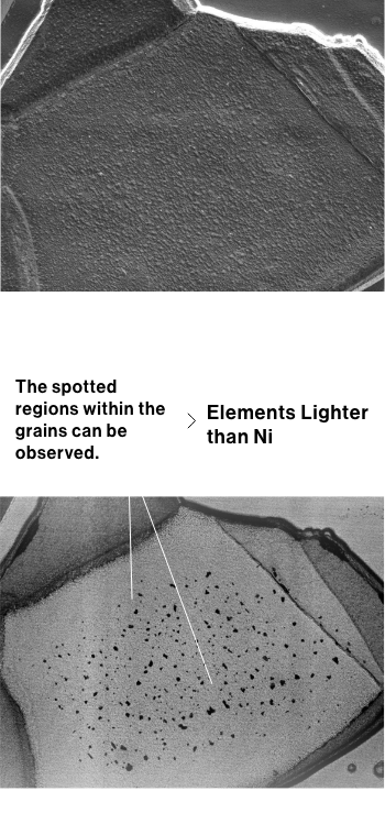 The spotted regions within the grains can be observed.=Elements lighter than Ni